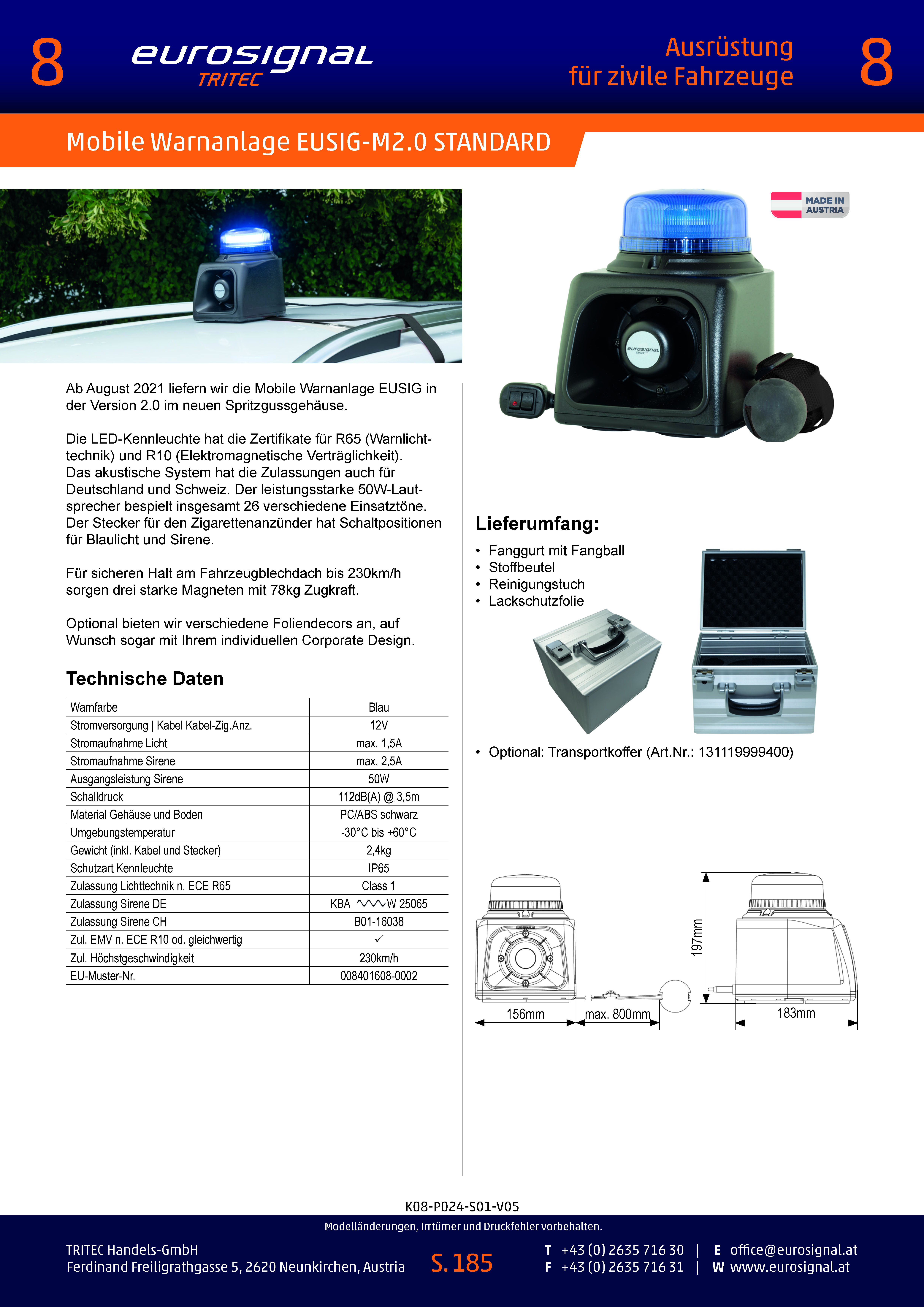 EUSIG-M1.0, Kennleuchte Warnfarbe Blau, Sirene 50W, Einsatzton  Feuerwehr-Österreich, Magnethalterung, 12VDC