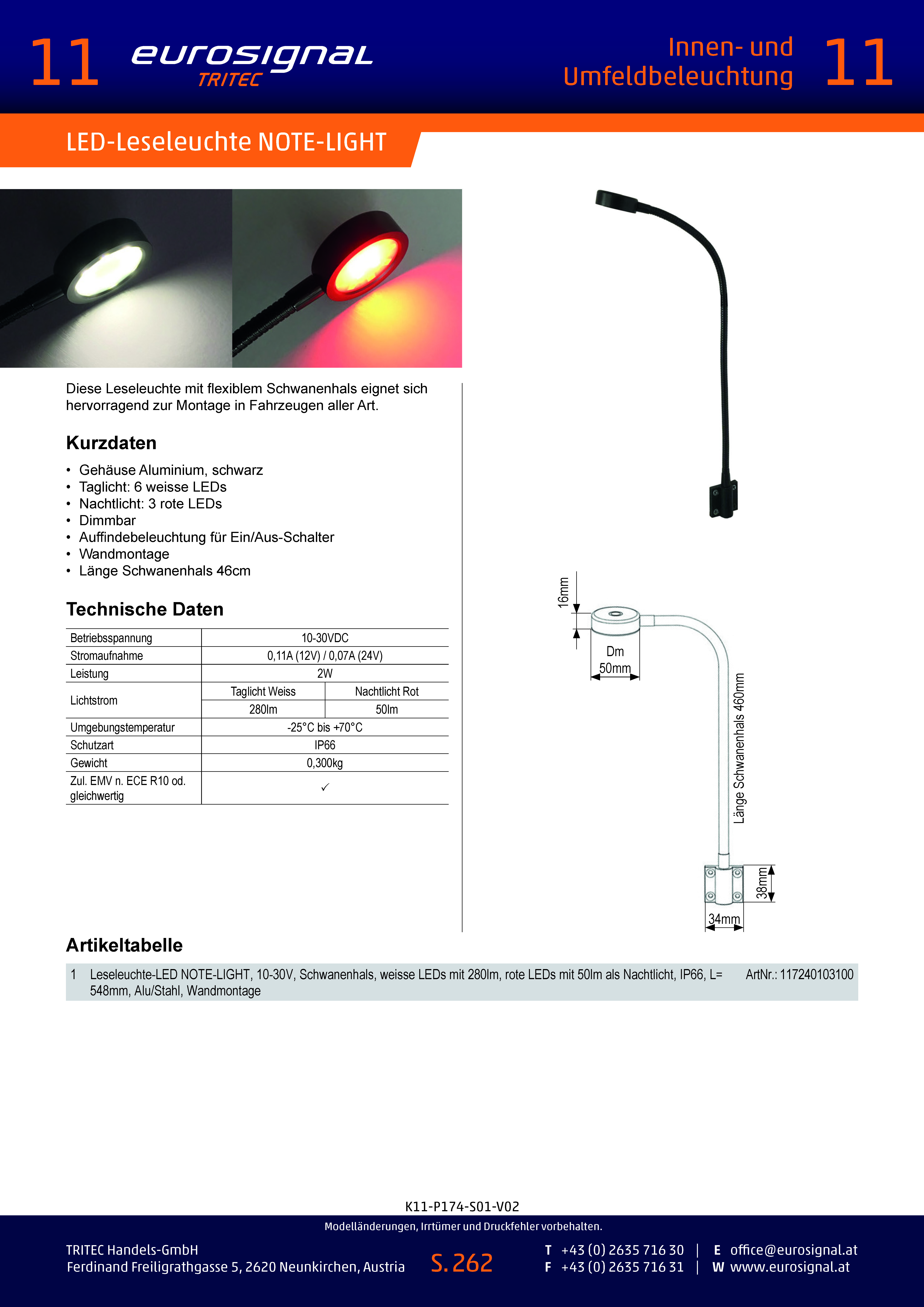 LED-Schwanenhalsleuchten: Leseleuchte-LED NOTE-LIGHT, 10-30V, Schwanenhals,  weisse LEDs mit 280lm, rote LEDs mit 50lm als Nachtlicht, IP66, L=548mm,  Alu/Stahl, Wandmontage